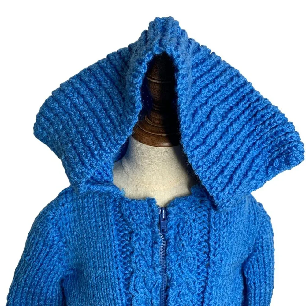 Vintage Handmade Toddler 4T Blue Cable Knit Hooded Cardigan Sweater Full Zipper